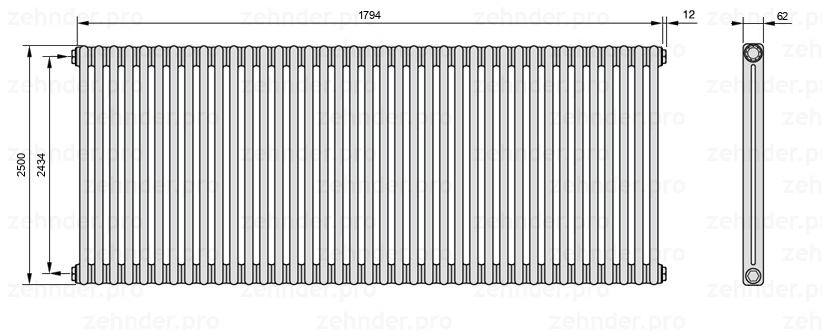 Схема (чертеж) Радиатор Zehnder Charleston 2250/39 №1270 Белый глянцевый RAL 9016